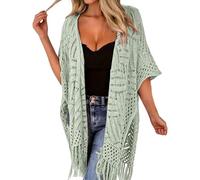 Women Sexy Open Front Beach Cover Up See Through Kimono Cardigan Lightweight Hollow Out Crochet Tassel Sweater Summer Boho Beach Cover Up