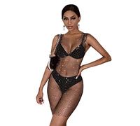 Women Sexy Rhinestone See Through Mesh Dress Bikini Swimsuit Cover Up Rave Festival Club Midi Dress, Black, One Size