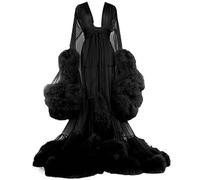 Women Sexy See-Through Feather Robe Long Sleeve Tulle Lingerie Robe Party Sleepwear with Ruffle Trim Mesh Sheer Lace Nightwear Kimono Dressing Gown with Feather Trim,G,One Size