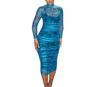 Women Sexy See Through Mesh Long Sleeve Ruched Midi Dresses Crop Top Bodycon Skirt 3 Piece Outfits Set Clubwear, Bright Blue, XXL