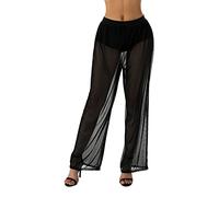 Women Sexy See Through Mesh Sheer Bikini Transparent Pants Ruffle Wide Leg Long Solid Color Cover Up Bottoms (Black-3, M)