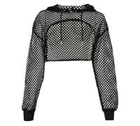 Women Sexy Sheer Mesh Fishnet Hollow Out Pullover Long Sleeve Hooded Sweatshirt Soft Net See Through Beach Crop Tops Club Goth Punk Rock Raver Blousers for Ladies Girls Black