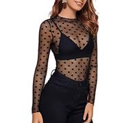 Women Sexy Sheer Mesh See-Through Tops Y2k Long Sleeve Turtleneck Polka dot Tee Blouse Tops Clubwear Womens Stretchy Scoop Neck Sheer See Through Sexy Slim Fit Mesh Tops Long Sleeves Blouse A-Black