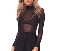 Women Sexy Sheer Mesh T Shirt Y2k See Through Slim Fit Sparkle Tops Long Sleeve Turtleneck Neck Blouse Party Clubwear (B-Black, M)