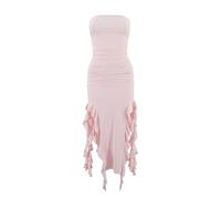 Women Sexy Strapless Ruffle Dress Sleeveless Ruched Double High Split Gown Jellyfish Lace Irregular Bodycon Frock (Pink 2,S)