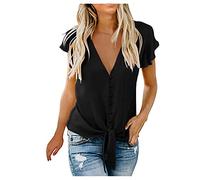 Women Sexy T Shirt Women's Summer Deep V Neck Sleeve Button Down Front Tie Casual Tops Shirts Gifts for Ladies Clothes Halloween Christmas Xmas Black