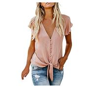 Women Sexy T Shirt Women's Summer Deep V Neck Sleeve Button Down Front Tie Casual Tops Shirts Gifts for Ladies Clothes Halloween Christmas Xmas Pink