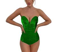 Women Sexy Velvet Strapless Bodysuit Tube Bodysuit Top Velvet Corset Sleeveless Leotard Jumpsuit Green L