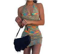 Women Sexy Y2K E Girl 90s Dresses Bodycon Halter Sleeveless Backless Knitted Midi Dress Party Summer Beach Tank Dress(A-Colorful,L)
