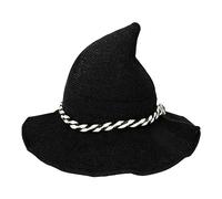 Women Sharp Pointed Spring Fall Cotton Yarn Cap Halloween Party Cosplay Costume Witch Hat, Black B, One Size