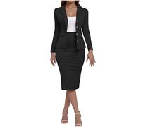 Women Sheath Dress Notch V Neck 3/4 Sleeve Suit Jacket Plain Work Pencil Skirt Sets 2 Piece Oufits Formal Work Dresses,000 Black,M