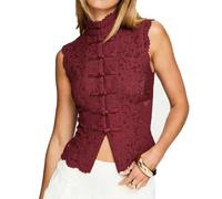 Women Sheer Lace Tank Top Sleeveless Button Mock Cropped Shirt Slim Fit Floral Vest Vintage Going Out Y2k Tops