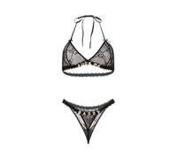 Women Sheer Lingerie Lace Bra and Thongs Sets with Rhinestones Special Word Mesh See Through 2 Piece Babydoll Halter Top Sexy Underwear Naughty Sleepwear Bikini for Halloween Xmas Daily Date (Black)
