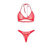 Women Sheer Lingerie Lace Bra and Thongs Sets with Rhinestones Special Word Mesh See Through 2 Piece Babydoll Halter Top Sexy Underwear Naughty Sleepwear Bikini for Halloween Xmas Daily Date (Red)