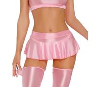 Women Shimmery Mini Skirt Sheer See Through Shiny Mini Skirt Ruffle A Line Metallic Short Skirt Low Waist Silky Club Skirt for Party Cosplay Dance Pink L