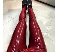 Women Shiny Elastic High Waist Pencil Pants in PU Leather, Great for Nightclubs and Everyday Fashion (L Wine red)