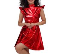 Women Shiny Metallic Dress Holographic High Waisted Flare Skater Dress Carnival Party Outfit Round Neck High Waist Holographic Nightclub Outfit Red