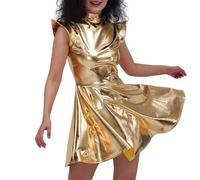 Women Shiny Metallic Dress Holographic High Waisted Flare Skater Dress Carnival Party Outfit Round Neck High Waist Holographic Nightclub Outfit Gold