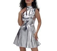 Women Shiny Metallic Dress Holographic High Waisted Flare Skater Dress Carnival Party Outfit Round Neck High Waist Holographic Nightclub Outfit Silver
