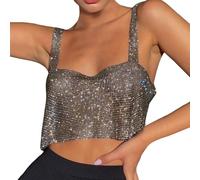 Women Shiny Rhinestone Sequin Tank Top - Sexy Metal Sparkly Sequined Backless Crop Glamorous Trendy Back Adjustable Chain Night Club Party Rave Vest