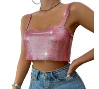 Women Shiny Rhinestone Sequin Tank Top - Sexy Metal Sparkly Sequined Backless Crop Top - Glamorous Trendy Back Adjustable Chain - Night Club Party Rave Vest Pink