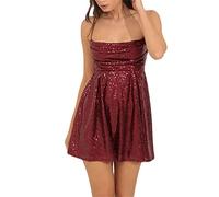 Women Shiny Sequins Dress Spaghetti Strap Glitter Sleeveless Backless Bodycon Cami Mini Dress for Cocktail Streetwear (A-Wine Red, S)