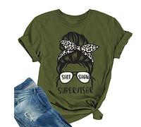 Women Shirt Skull with Leopard Scarf Glasses Shit Show Supervisor Print Harajuku Tops Tees (Army Green,XL,XL)