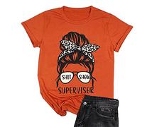 Women Shirt Skull with Leopard Scarf Glasses Shit Show Supervisor Print Harajuku Tops Tees (Orange,S,S)