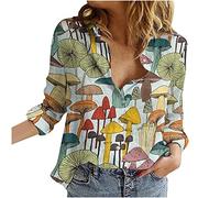 Women Shirts and Blouses UK Casual Turndown Collar Neck Roll Up Sleeve Tops Loose Fit Tee Shirts Plus Size Clothing Mushroom Print Workwear Business Fitness Workout Tops