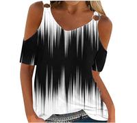 Women Shirts Sales Fashion Cold Shoulder T-Shirts V-Neck Short Sleeve Blouse Tie-Dye Printed Tees Shirts Casual Loose Fit Tees Summer Tunic Tops Party Holiday Blouse Black