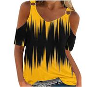 Women Shirts Sales Fashion Cold Shoulder T-Shirts V-Neck Short Sleeve Blouse Tie-Dye Printed Tees Shirts Casual Loose Fit Tees Summer Tunic Tops Party Holiday Blouse Yellow