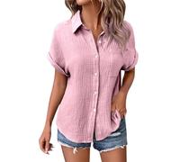 Women Shirts Short Sleeve Blouses, Ladies Thin Lightweight Shirt Blouse Summer Casual T Shirt Dresses for Women UK Button Up Top Loose Fit Pink M