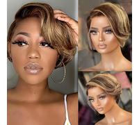 Women Short Bob Wig Pixie Cut Glueless Wig Human Hair,13x4x1 Lace Wig,Natural Hairline,with Baby Hair,Suitable for ladies' daily role Halloween use.(Gradient gold)