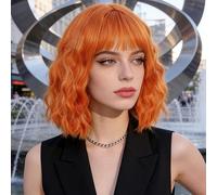 Women Short Bob Wig with Heart Sunglasses & Elasticated Inner Band, 20cm/8in Multicolour Synthetic Straight Wig Neon Fashion Dress-up Wig for 1970s-Themed Parties, Music Festivals, Cosplay (Orange)