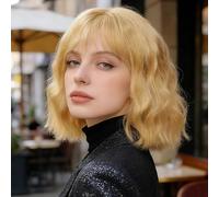 Women Short Bob Wig with Heart Sunglasses & Elasticated Inner Band, 20cm/8in Multicolour Synthetic Straight Wig Neon Fashion Dress-up Wig for 1970s-Themed Parties, Music Festivals, Cosplay (Blonde)