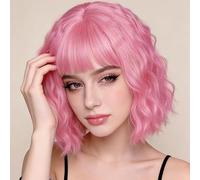 Women Short Bob Wig with Heart Sunglasses & Elasticated Inner Band, 20cm/8in Multicolour Synthetic Straight Wig Neon Fashion Dress-up Wig for 1970s-Themed Parties, Music Festivals, Cosplay (Pink)