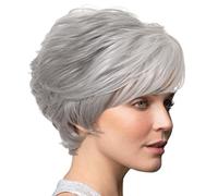 Women Short Gray Wigs,Grey Synthetic Fiber Hair Wigs Natural Short Curly Wavy Wig with Bangs Cut Wigs Short Stylish Fluffy Layer Wig for Daily Party
