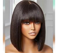 Women Short Human Hair Wigs Brown Straight Bob Hair With Bangs Real Lace Inside Hair Wigs 200 12inches##1B