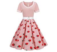 Women Short Sleeve 1950s Retro Vintage Cocktail Party Swing Dress Polka Dot Audrey Dress Casual A-Line Work Dress with Belt, Pink-strawberry, XX-Large