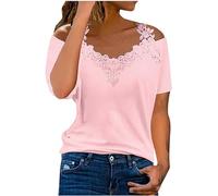 Women Short Sleeve Off Shoulder Sexy Tops Casual Tee Shirts Blouse Womens Oversized Lace Floral V Neck Slim Fit Festival Shirt Summer Top Tunic Pink UK Size M