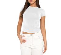Women Short Sleeve Solid Crop Top Casual Basic Slim Fit Cropped T-Shirt Y2k Crewneck Skinny Blouse Pullover Streetwear (A-White, S)