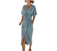 Women Short Sleeve Twist Knot Waist Side Split Dress Summer V Neck Wrap Midi Dresses Casual Solid Elegant Sundress Pleated Sundresses for Vacation