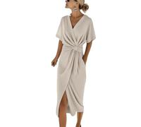 Women Short Sleeve Twist Knot Waist Side Split Dress Summer V Neck Wrap Midi Dresses Casual Solid Elegant Sundress Pleated Sundresses for Vacation