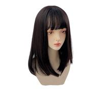 Women Short Straight Wig Black Brown Hair Layered Wig with Bang Japanese JK Wigs Heat Resistant Wigs (Black Brown)