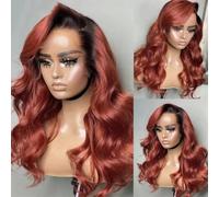 Women Short Wave Wig Synthetic Bob Hair Lace Front Wig Natural Hairline Short Hair Wigs Ombre Copper 16inches-Lace Front