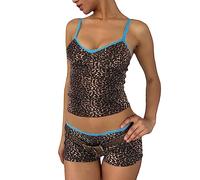 Women Shorts Set, Leopard Print Lace Patchwork Camisole with Low Waist Shorts Summer Outfit Summer Two Piece Outfits (Leopard Print, S)