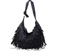 Women Shoulder Bag Sheepskin Hobo Genuine Leather Crossbody Bags Patchwork Tassel Stripe Leisure Handbag Black