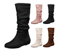 Women Side Zip Western Boot Womens Suede Boots Mid Calf Boots Flat Biker Boot Pull On Fall Weather Boot Comfortable Walking Booties Fashionable Pointed Toe Booties Riding Bootie