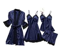 Women Silk Dress Robe Sleepwear Pajamas Set Lace Nightdress Lingerie plus Size Boudoir Lingerie Long Torso Navy