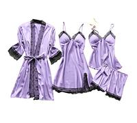 Women Silk Dress Robe Sleepwear Pajamas Set Lace Nightdress Lingerie Plus Size Boudoir Lingerie Long Torso Purple
